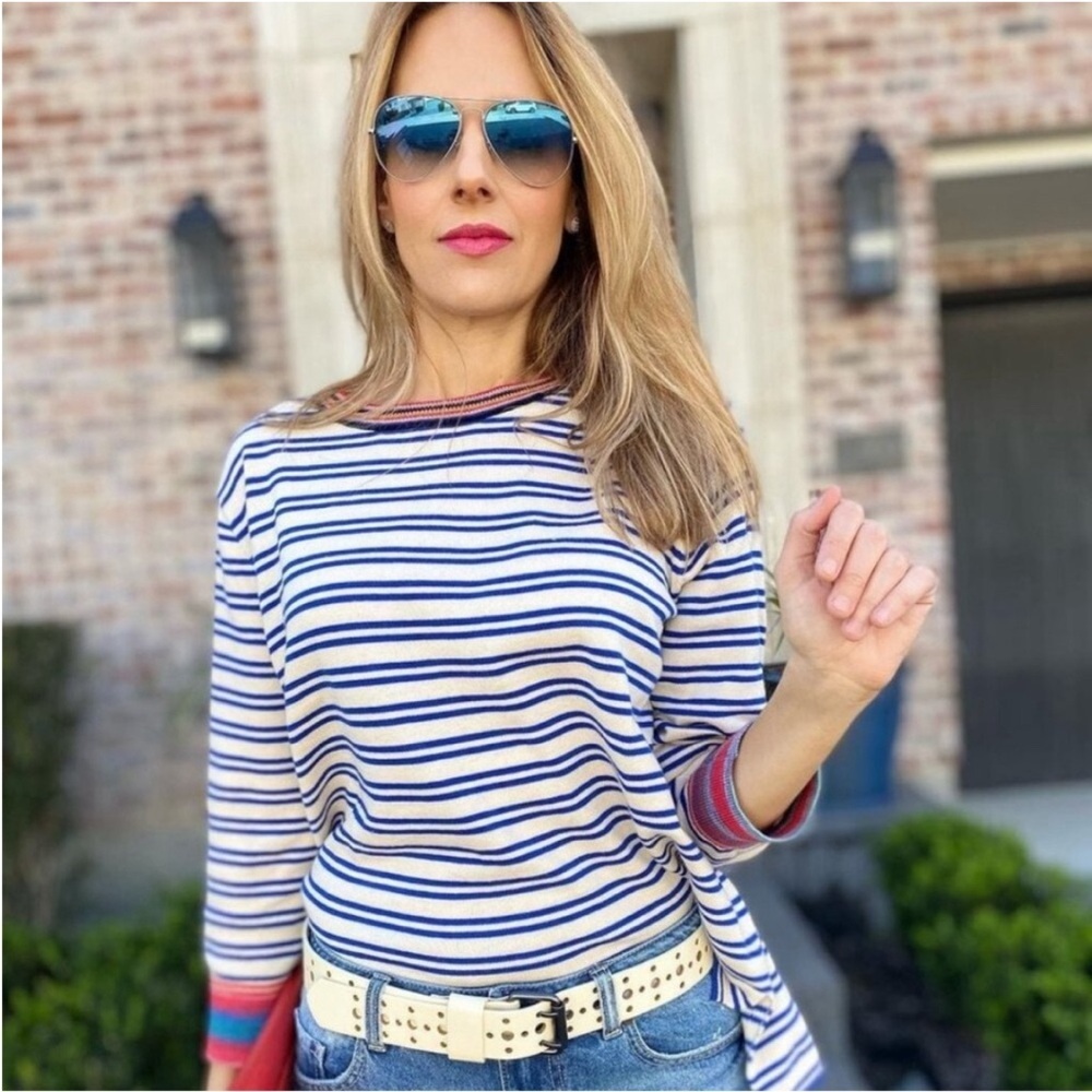 CAbi Striped Crewneck Sweater in Navy, White & Red Trim
